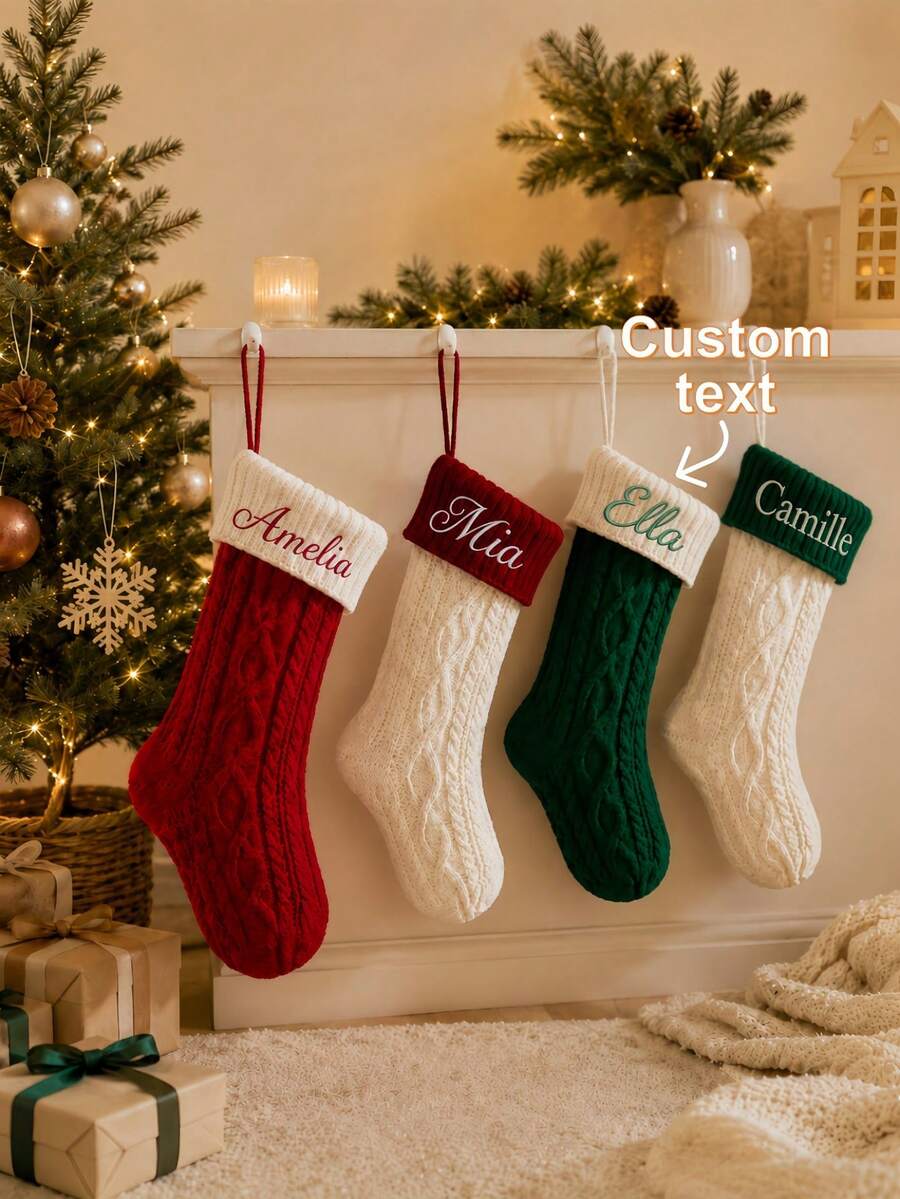 1pc Custom Embroidered Color Block Christmas Stocking, Knitted Xmas Hanging Sock With Personalized Text, 4 Color Options, Fireplace Mantel Home Decor, Unique Holiday Gift For Household Members, Seasonal Wall Hanging Ornament - Multicolor - View 1