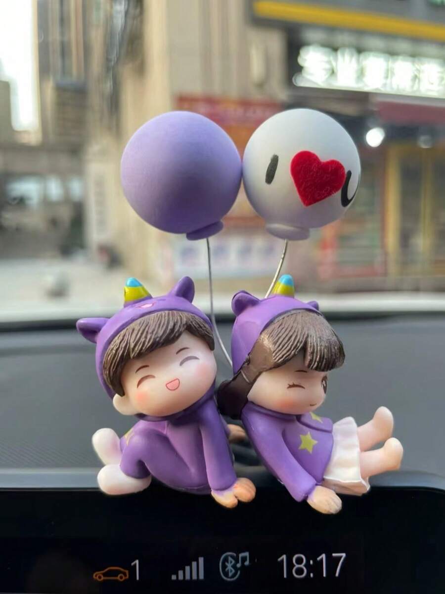 2pcs Car Interior Cute Couple Doll Decor For Center Console, Air Vent, Display Screen, White Balloon Letter And Heart Pattern Randomly Matched - Purple - View 1