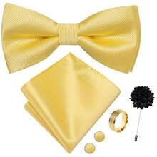 5Pcs Men Simple Solid Yellow Bow Tie Pocket Square Cufflinks Ring Boutonniere Set, Cufflinks Pattern Random For Wedding Business Party - Yellow - View 2