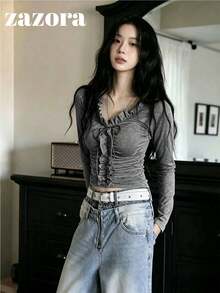 韓系小眾精緻 3D 荷葉邊飾長袖 T-shirt 女款內搭上衣 - 深灰色 - 查看 8
