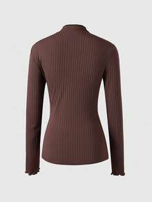 Elegant Minimalist Frill Trim Mock Neck Ribbed Long Sleeve Slim Fit Stretch Base Layer Top, Flattering Innerwear For Commuting Autumn Winter - Brown - View 8