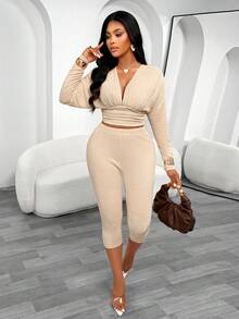 Elegant Women's Deep V-Neck 2 Pieces Set, Ruched Waist And Bust Design, Medium Stretch Fabric, Slim Fit - Apricot - View 9
