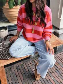 NOVELLE Women Loose Casual Dopamine Pink Striped Knit Sweater, Elegant Fall Winter Pullover For Office Home Daily Commute Date Party - Multicolor - View 3