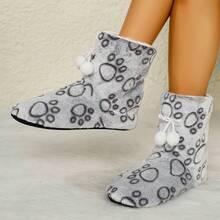 Women's Comfortable Soft Indoor Ankle Boots Slippers; Paw Print Pattern, Cute Pom Pom Design, Thick Plush Warmth, Winter Couple Style Casual Home Activity Gift Essential; - Grey - View 8