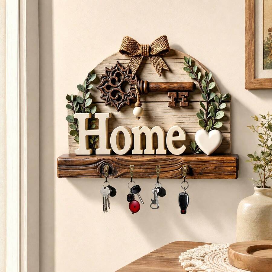 1pc 2D Flat Home Theme Key Holder, With 4 Hooks, Wall Mounted Key Storage Organizer Rack, Suitable For Entryway Kitchen Office Apartment, Decorative Key Rack Hook Shelf Storage Accessory, Modern Home Organization Accessory - View 1