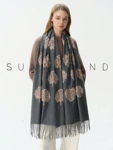 1pc Women's Embroidered Tree Of Life Plant Element Versatile Casual Elegant Scarf For Autumn/Winter Daily Wear - Dark Grey - View 3