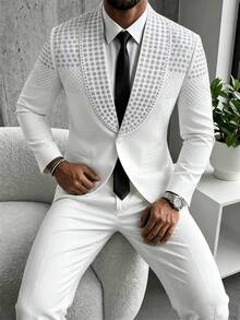 Spring Autumn Men's Rhinestone Suit Jacket & Pants Set Casual Fashion Design Everyday Wear Two Pieces Outfit - White - View 2