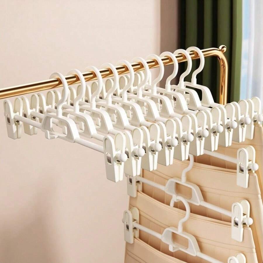 1/5/10pcs Telescopic Non-Slip Seamless Pants Hanger, Can Clip Pants, Clothes And Christmas Outfits, Suitable For Dorm And Bedroom, Space-Saving Storage - White - View 1