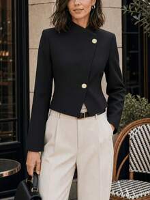 Black Stand Collar Long Sleeve Cropped Women's Jacket With Asymmetric Button Front, Casual Multi-Occasion Outerwear - Black - View 2