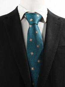 Lake Green & Gold Square Geometric Jacquard Men's Tie, Vintage Textured Business Formal Necktie - Lake Green - View 4