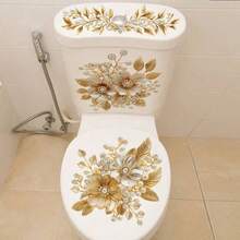 Gold Floral Toilet Sticker Set, Includes Pearl And Rhinestone Elements, Self-Adhesive Vinyl Decals, Elegant Flower Design, Suitable For Toilet Tank, Lid And Bowl Stickers - GOLD - View 4