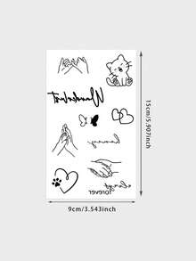 1 Sheet Cute Mini Temporary Tattoo Stickers, Fine Line Cartoon Cat Butterfly Interlocking Hearts & Cursive Words Fake Tattoos, Sweet Aesthetic Body Art For Women, Waterproof Finger Decor - Black - View 5