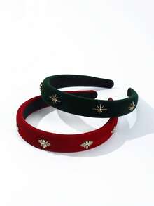 1PC/2PCS 2cm Wide Women Solid Color Autumn/Winter Velvet Five-Point Star Wide Edge Sponge Non-Slip Headband, Versatile Hair Accessory For Daily/Date/Commute - Green - View 5