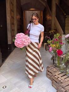 Women's Casual Elegant Pink Striped Print Midi Skirt For Daily, Vacation And Commute - Mocha Brown - View 6