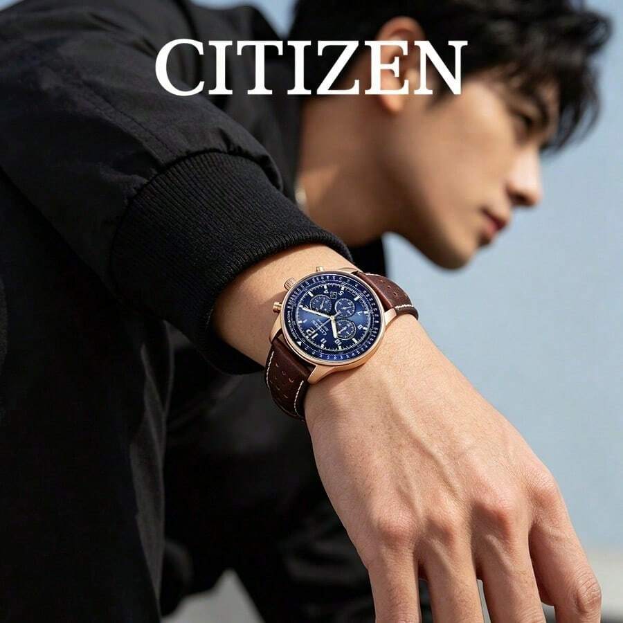 CITIZEN Men's -Drive Chronograph Watch Rose Gold Plated Case Deep Blue Dial Tachymeter Scale Vintage Brown Leather Strap Retro Pilot Style Men Wristwatch - Blue - View 1