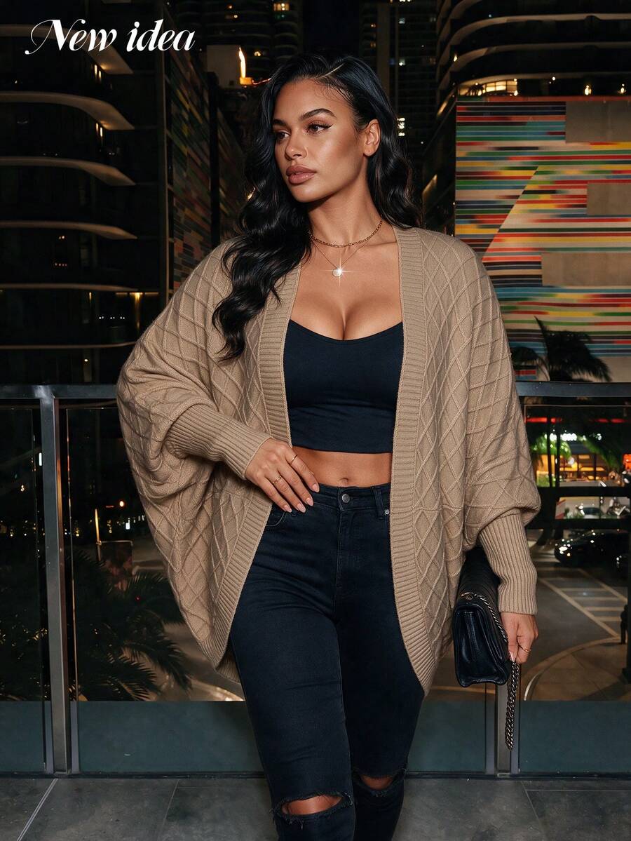 New Idea Women Khaki Batwing Sleeve Knit Cardigan, Diamond Pattern Open Front Sweater Coat For Dinner Party - Khaki - View 1