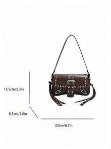 Vintage Punk Silver Rivet Multi-Buckle Saddle Crossbody Bag, Wide Eyelet Strap Faux Leather Motorcycle Shoulder Bag, Y2K Street Style Small - Coffee - View 4