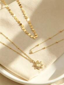 3pcs Exquisite Sun Pendant Necklace Set With Disc And Bead Chain, Multi-Layer Wearable Women's Daily Fashion Jewelry (Bead Quantity Random) - Gold - View 2