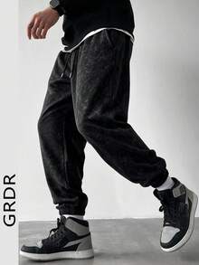 GRDR Vintage Distressed Dark Pattern Tapered Cuffed Sweatpants, Casual Commute Versatile Elastic Waist Sports Pants - Black - View 3