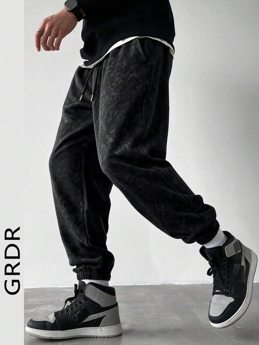 GRDR Vintage Distressed Dark Pattern Tapered Cuffed Sweatpants, Casual Commute Versatile Elastic Waist Sports Pants - Black - View 1