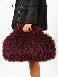 Fluffy Long Fur Handbag, Full Round Silhouette, Minimalist Handle Design, Ample Storage Space, Eye-Catching Style With Strong Atmosphere, Suitable For Parties And Outings, Create Personalized Vintage Atmosphere Outfit, Item Easily Create Eye-Catching Look - Red - View 5