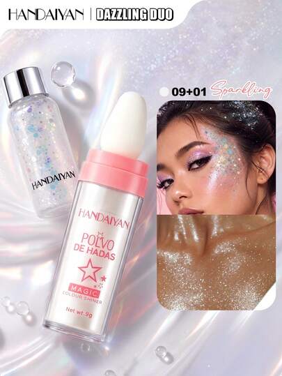 HANDAIYAN Conjunto Combo de Gel de Lantejoulas + Pó Iluminador, Glitter Fino Perolado & Lantejoulas Grandes Para Visual de Maquiagem Cintilante, Adequado para Rosto e Corpo, Perfeito para Baile de Formatura, Festa, Boate, Halloween, Natal, Reunião de Aniversário, Essencial de Outono e Inverno