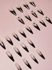 24pcs Dark Gothic Long Stiletto Fake Nails, Classic Black Shadow Moon Pattern, Cool Fashion, Suitable For Music Festival Carnival Party - Multicolor - View 2