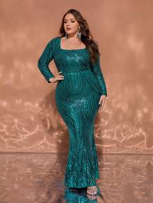 Plus Size Elegant Green Sequin Long Sleeve Square Neck Maxi Party Evening Dress - Green - View 3