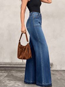 Women's Wide Leg Denim Jeans, Fashionable Rhombus Pattern With Large Front And Back Pockets, Versatile Pants - Dark Wash - View 4