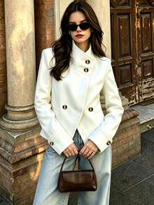 Fashion Daily Commute Long Sleeve Stand Collar Double-Breasted Patchwork Blazer - White - View 2