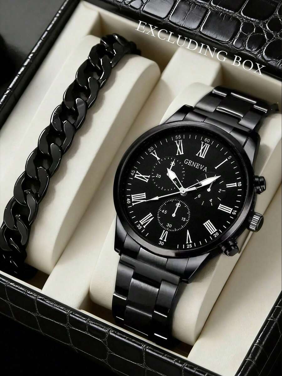 2PCS/1PC Optional Men's All-Black Round Watch Set, Black Metal Steel Band, Business Style, Black Dial With Roman Numerals And Multi-Eye Design, Paired With Matching Black Thick Chain Bracelet, Men's Luxury Watch Gift Box, Men's Accessories, Suitable For Summer Wear, Can Be Given As Father's Day Gift, Birthday Gift, Valentine's Day Gift, Luxury Gift For Boyfriend, Son - Black - View 1