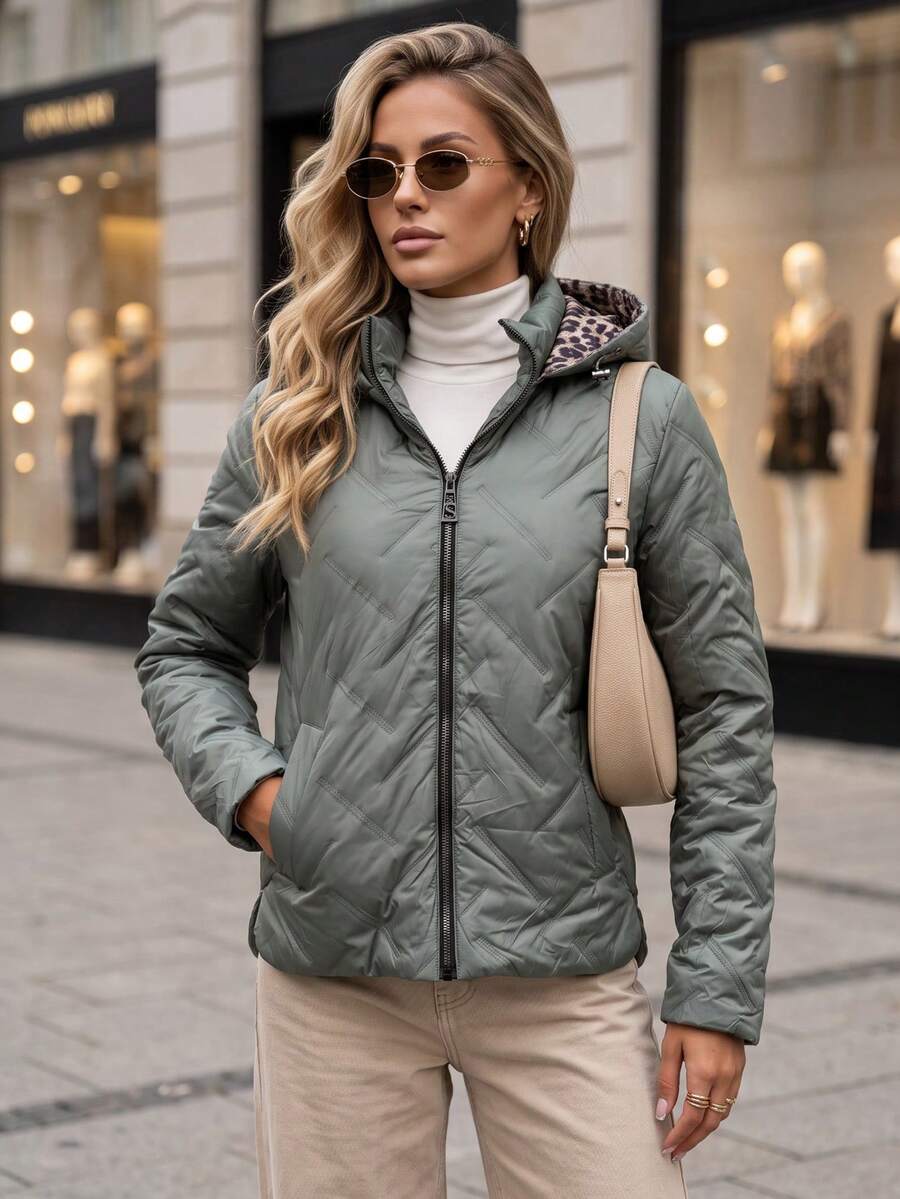 Women's Quilted Hooded Jacket With Detachable Hood, Zip Front And Side Pockets - Green - View 1
