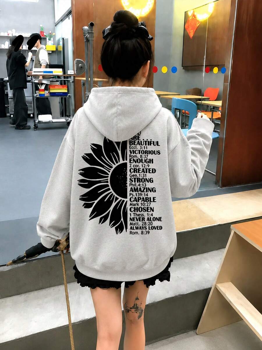 Women's Fashion Autumn/Winter Round Neck Loose Slouchy Casual Versatile Letter & Cartoon Print Sweatshirt - Light Gray - View 1