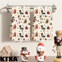 2Pcs Christmas Kitchen Dish Towel Set, Cute Puppy Christmas Sweater Print, Xmas Kitchen Decor Hand Towel, Christmas Holiday Gift - Apricot - View 7