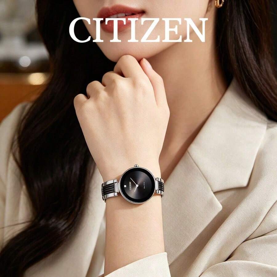 CITIZEN Women's -Drive Watch Polished Silver Round Case Gradient Black Dial Single Diamond Marker Two-Tone Metal Bangle Bracelet Minimal Chic Ladies Watch - Silver - View 1