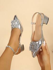 Elegant Women's Slingback Sandals, Silver Shiny Rhinestone Square Buckle Pointed Toe Chunky Heel Fashion High Heels, Versatile Party Wedding Women's Sandals - Silver - View 5
