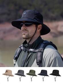 JOYLORD Topi Bucket Pria untuk Memancing Outdoor Warna Polos Cepat Kering dan Bernapas dengan Perlindungan Matahari Gaya Koboi Barat Topi Matahari Dua Fungsi - A - View 2