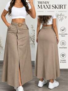 Commuter Versatile A-Line Skirt For Women With Button And Slit Design, Elegant Skirt - Khaki - View 7