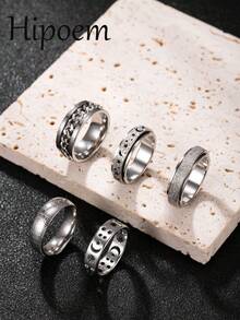Hipoem 5pcs Fashion Stainless Steel Men's Ring Set With Embossed Chain Star Moon Matte Honeycomb Elements Suitable For Daily Wear Halloween Atmosphere Accessories - Silver - View 6