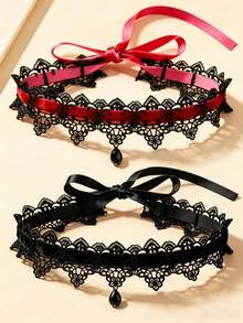 1pc Women Dark Punk Style Lace Bow Choker Necklace Apocalypse Style Collar Chain - Multicolor - View 1