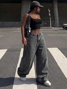 Women's Plus Size Washed Black Denim Boyfriend Style Long Pants, Non-Stretch Fabric, Zipper Closure, Y2K Grunge Style - Grey - View 3