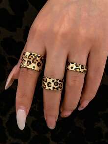 3pcs Fashionable Elegant Minimalist Leopard Print Open Ring Set, Suitable For Women's Daily Wear - Multicolor - View 1