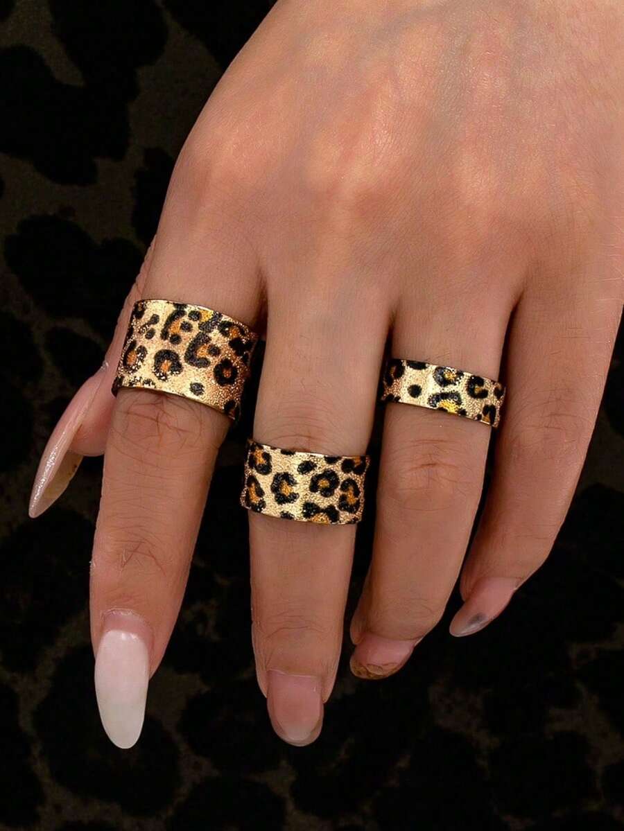 3pcs Fashionable Elegant Minimalist Leopard Print Open Ring Set, Suitable For Women's Daily Wear - Multicolor - View 1