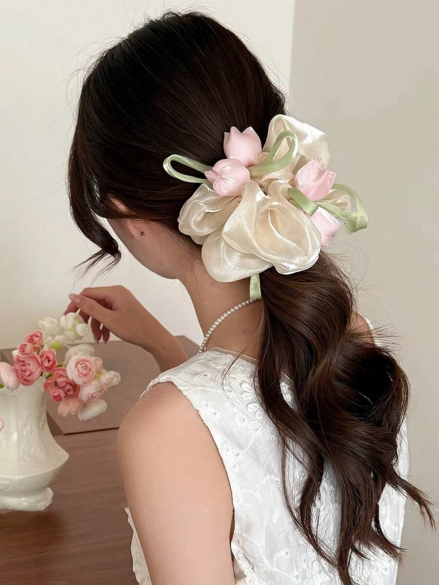 1件杏色鬱金香網紗髮圈 森系漸層歐根紗緞面花朵髮帶 溫柔女孩髮飾 - 杏色 - 查看 1