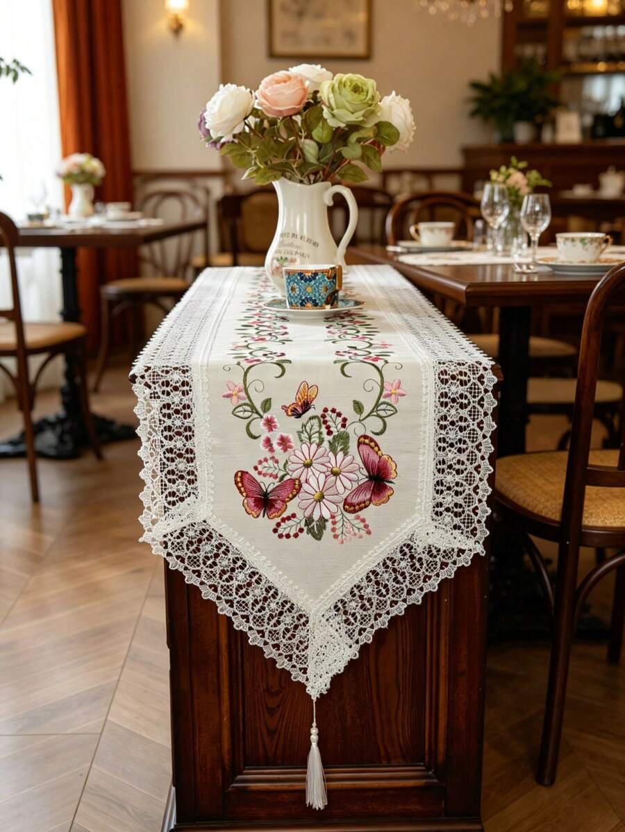 1pc 100% Polyester Butterfly Floral Embroidered Table Runner, White Lace Trim Table Runner With Tassel, European Style Dining Table Decor For Home Wedding Party - White - View 1