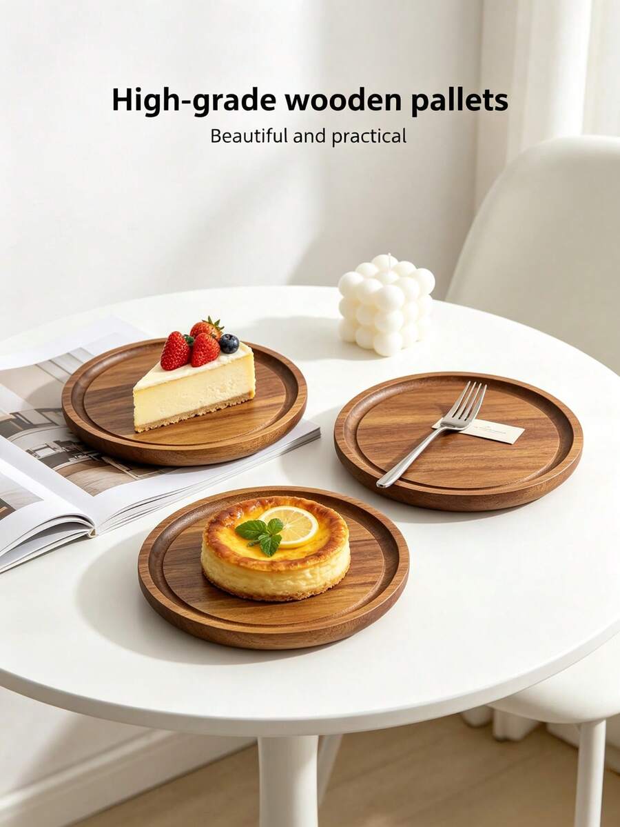 Round Wooden Serving Tray, Wooden Service Plate, Cake Cheese Pastry Fruit Snack Dessert Tray, Multi-Purpose Round Wooden Tray, Kitchen Table Decor, Coffee Cup Tray, Desktop Display Serving Tray - Khaki - View 1