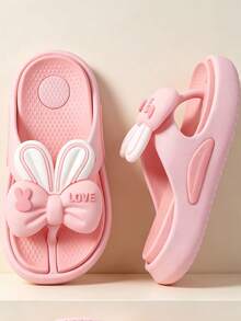 1 Pair Pink Bow Rabbit Ear Flip Flops EVA Lightweight Thick Sole Kids Thong Sandals Summer Bathroom Home Beach Princess Style Children Slippers - Pink - View 1