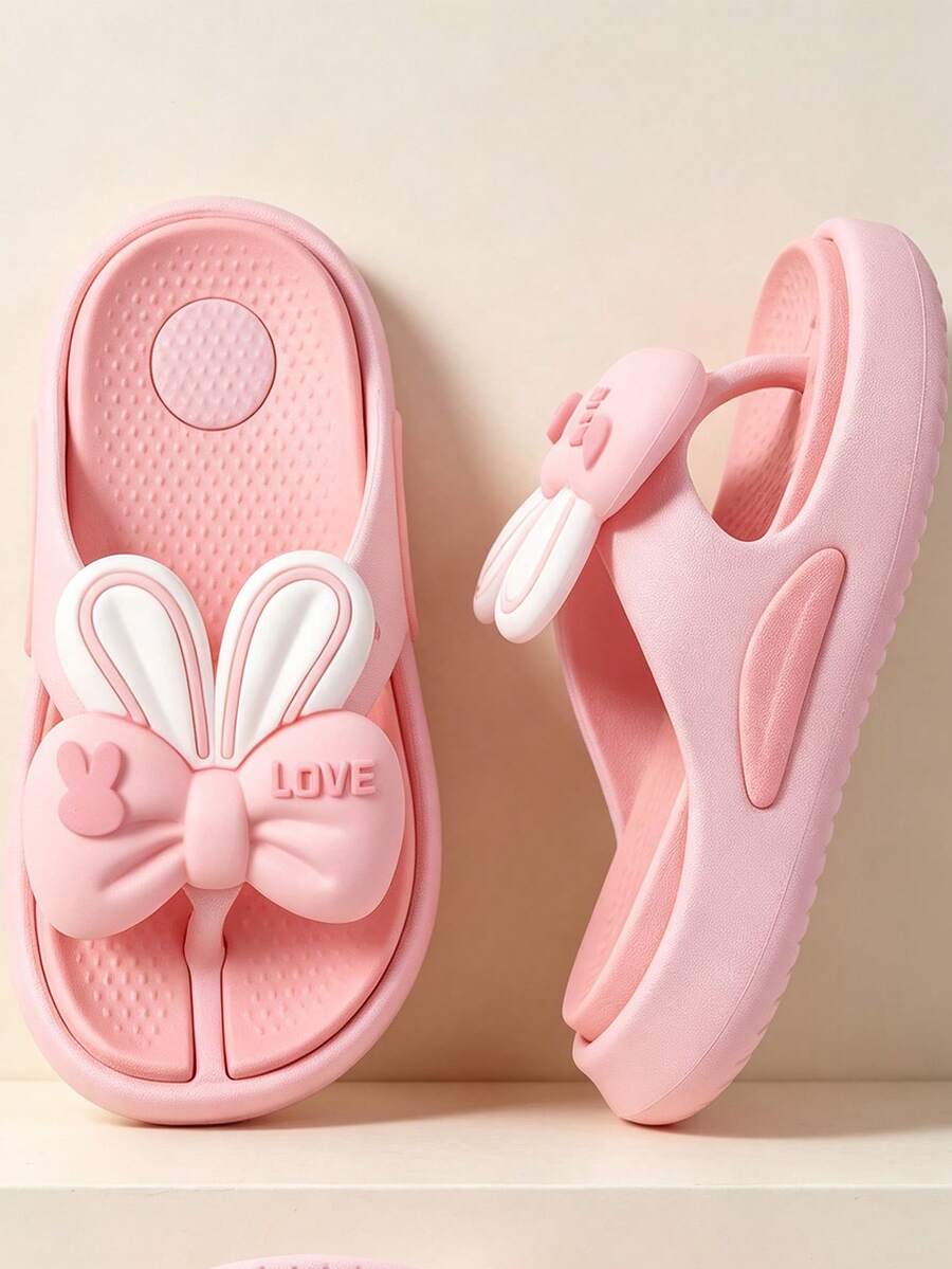 1 Pair Pink Bow Rabbit Ear Flip Flops EVA Lightweight Thick Sole Kids Thong Sandals Summer Bathroom Home Beach Princess Style Children Slippers - Pink - View 1