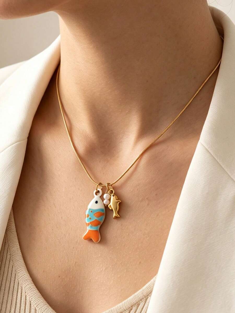 1pc Fall Decor Colorful Cartoon Fish Pendant Necklace Snake Chain With Small Fish Pearl Charms Ocean Style Clavicle Necklace Women Fall Tyle Jewelry - Necklace - View 1