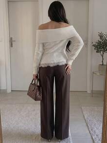 Women Casual Cute Lace Trim Cold Shoulder Knitted Sweater Top Pullover Fall Winter Going Out Outfits Clothes - White - View 2